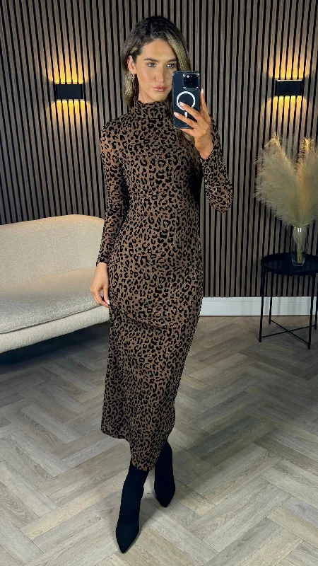 Ruby vibrant dress-Louie Beige & Black Leopard Printed High Neck Midi Dress