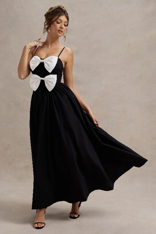 Colorblock chic dress-Loved Up | Black Strappy Pleated Maxi Dress With Bows