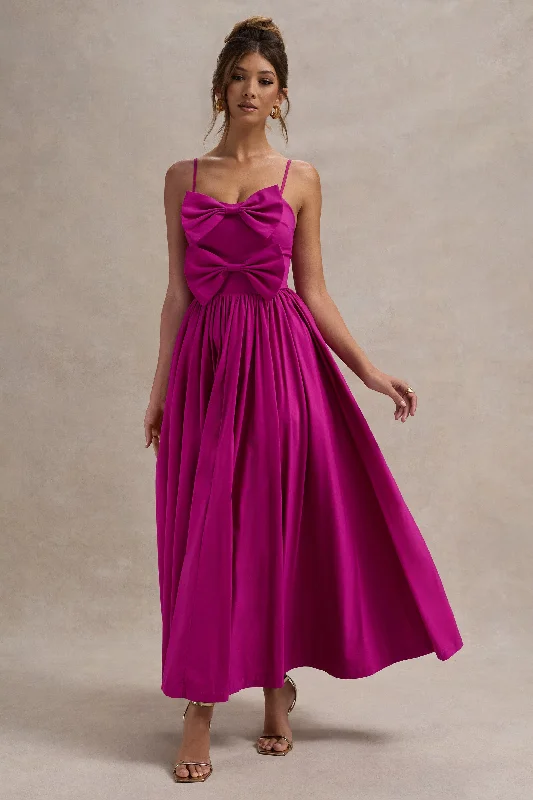 Gold party dress-Loved Up | Fuschia Pink Strappy Pleated Maxi Dress With Bows