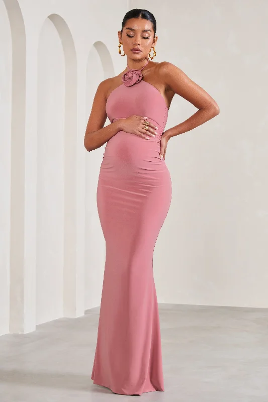 Neutral toned dress-Loving | Blush Pink Halter-Neck Maternity Maxi Dress With Flower Corsage