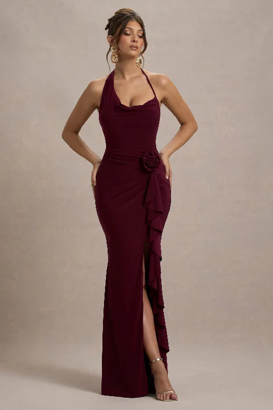 Crocheted beach dress-Lucena | Burgundy Cowl-Neck Wrap Maxi Dress With Floral Drape