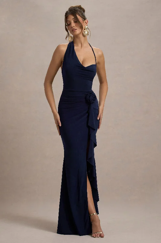 Applique party dress-Lucena | Navy Cowl-Neck Wrap Maxi Dress With Floral Drape