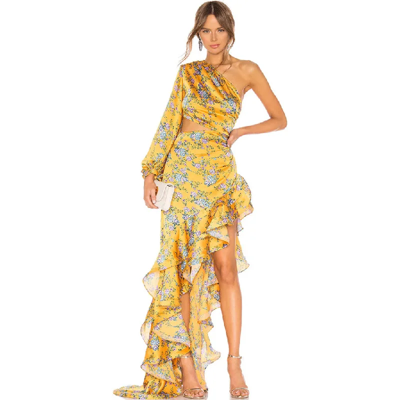 Stylish wrap dress-Luxury One Shoulder Cutout Satin Ruffle Floral Evening Dress - Yellow