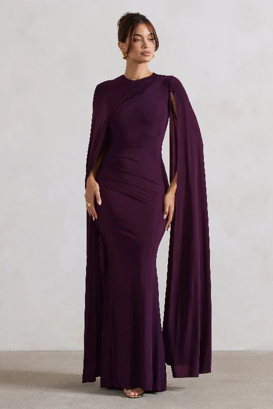 Affordable casual dress-Magdelena | Plum Asymmetric Cape Maxi Dress