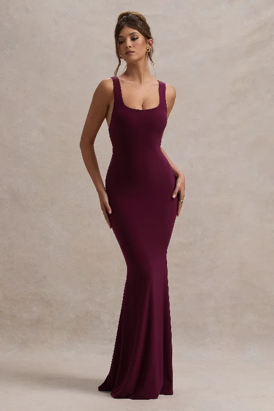 Edgy cut-out dress-Mahina | Burgundy Square-Neck Maxi Dress