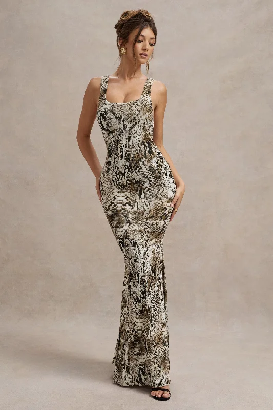 Metallic club dress-Mahina | Snake Print Square-Neck Maxi Dress