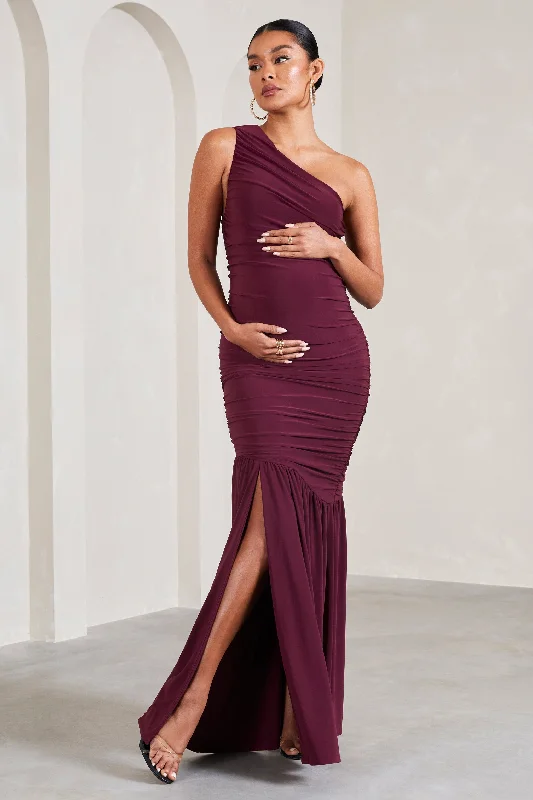 Linen resort dress-Make My Day | Burgundy One-Shoulder Ruched Split Maternity Maxi Dress