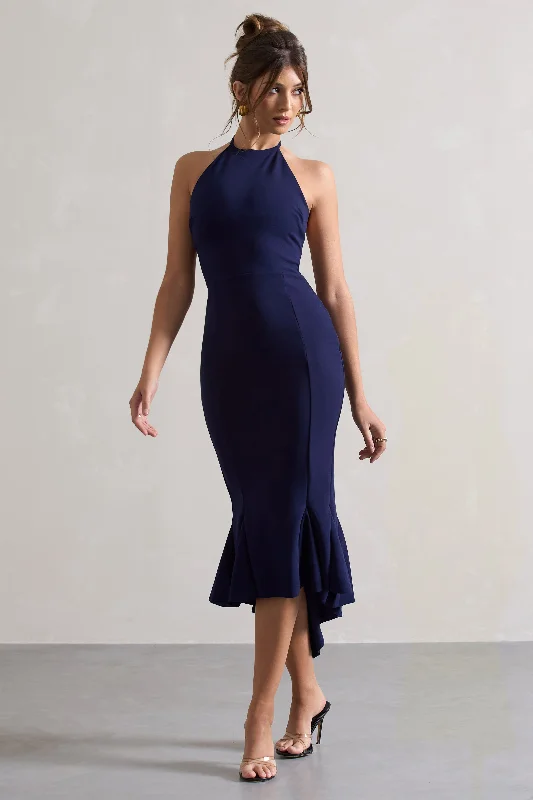 Dainty floral dress-Maluma | Navy Halter-Neck Midi Dress