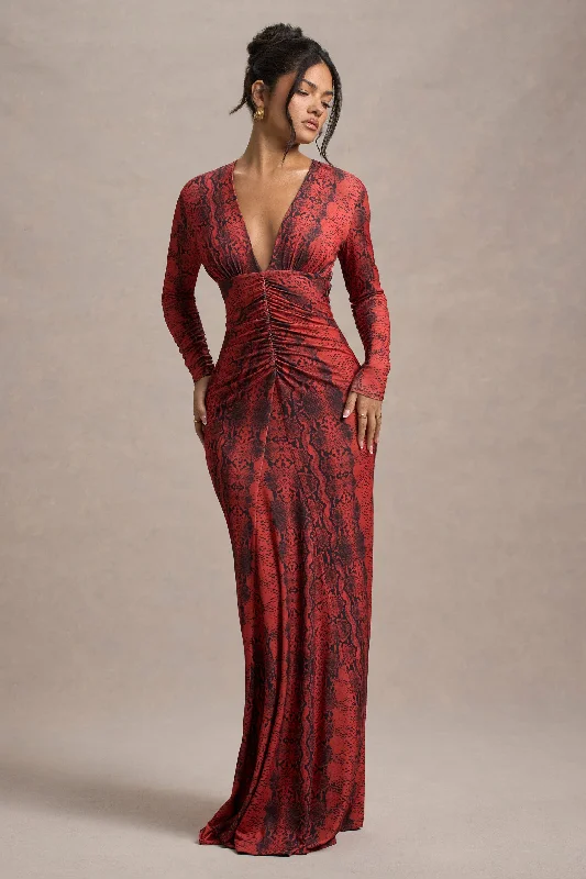 Cotton sundress-Mamba | Red Snake Print Plunge-Neck Long-Sleeve Maxi Dress