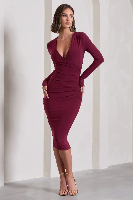 Punk leather dress-Marcia | Burgundy Bodycon Plunge-Neck Midi Dress