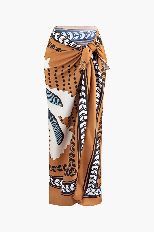 Rose gold dress-Coconut Tree Print Knot Wrap Midi Skirt