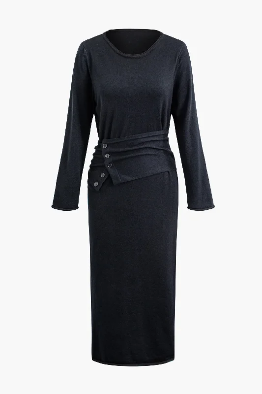 Beaded party dress-Button Up Wrap Long Sleeve Midi Dress