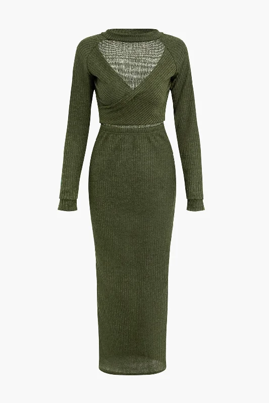 Smocked vintage dress-Solid Ribbed Cut Out Twist Long Sleeve Midi Dress