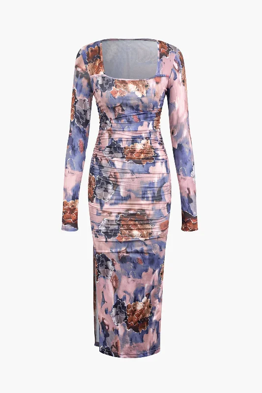 Party glitter dress-Floral Print Square Neck Ruched Slit Midi Dress