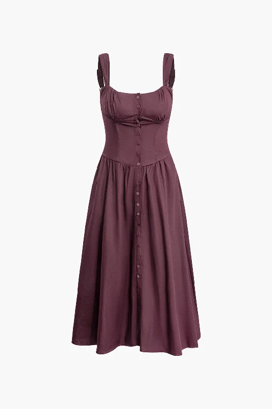 Outdoor adventure dress-Braided Tie Ruched Button Up Sleeveless Midi Dress