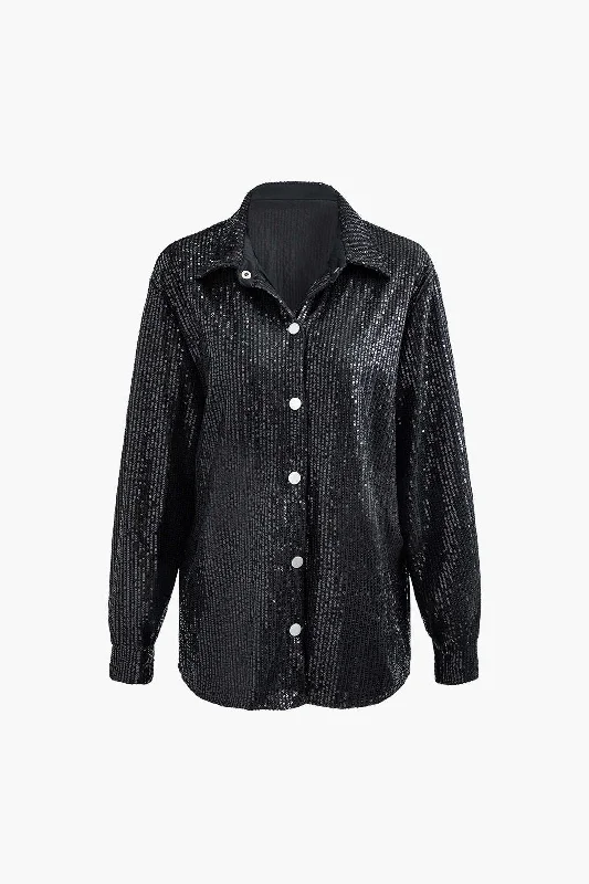 Formal gown dress-Sequin Button Up Long Sleeve Shirt