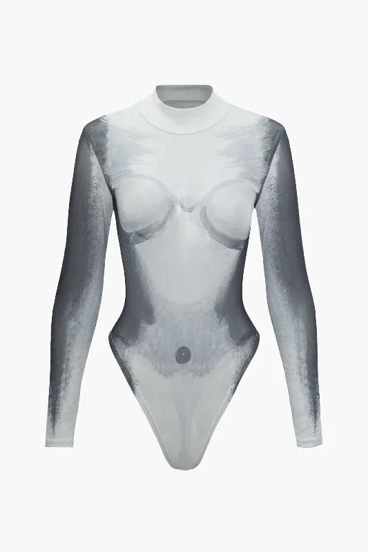 High-neck office dress-Body Print Mesh Long Sleeve Bodysuit