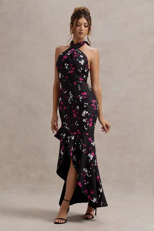 Flowy maxi dress-Melodia | Black Ditsy Floral Print Satin Halter-Neck Ruffled Maxi Dress