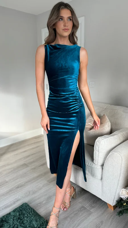 Colorblock modern dress-Monroe Blue Velvet Finish Shoulder Detail Midi Dress