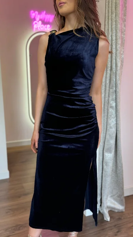 Date night sexy dress-Monroe Navy Velvet Finish Shoulder Detail Midi Dress