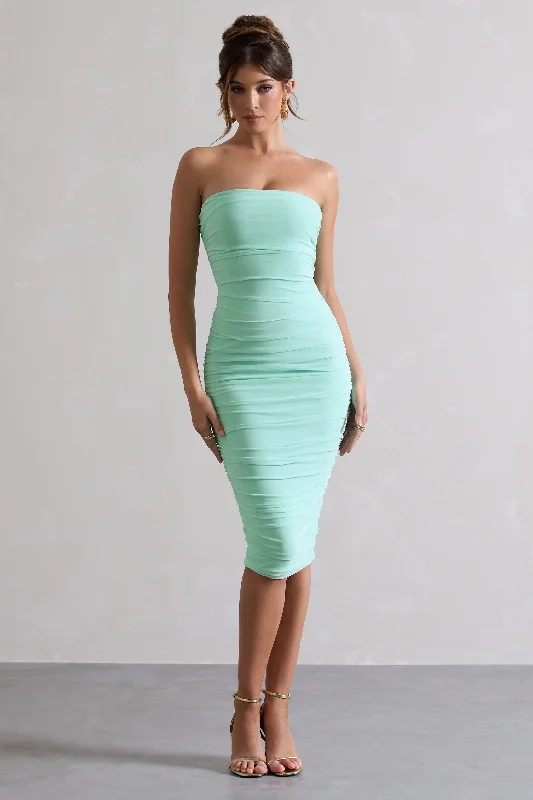 Gray knit dress-My Girl | Iced Green Strapless Bodycon Ruched Mesh Midi Dress