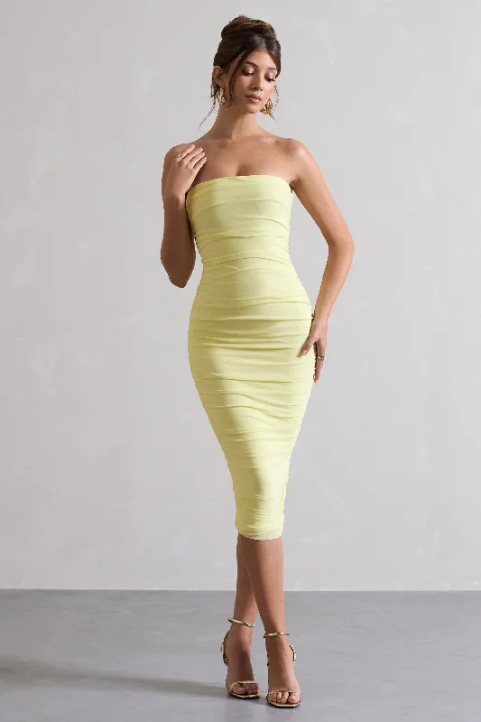 Olive casual dress-My Girl | Lemon Strapless Bodycon Ruched Mesh Midi Dress