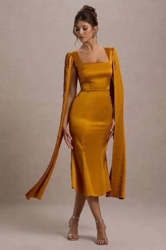 Tropical maxi dress-Nalda | Mustard Square-Neck Midi Dress With Cape Sleeves