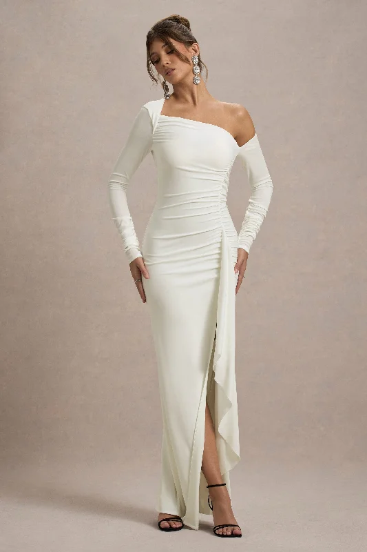 Wool sweater dress-Nerina | Cream Asymmetric Long-Sleeve Split Maxi Dress