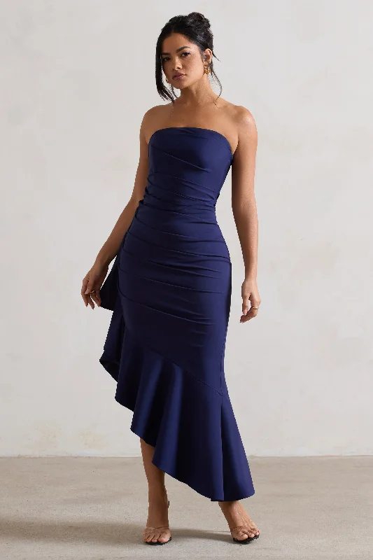 Modern metallic dress-New Age | Navy Strapless Asymmetric Ruffled Maxi Dress