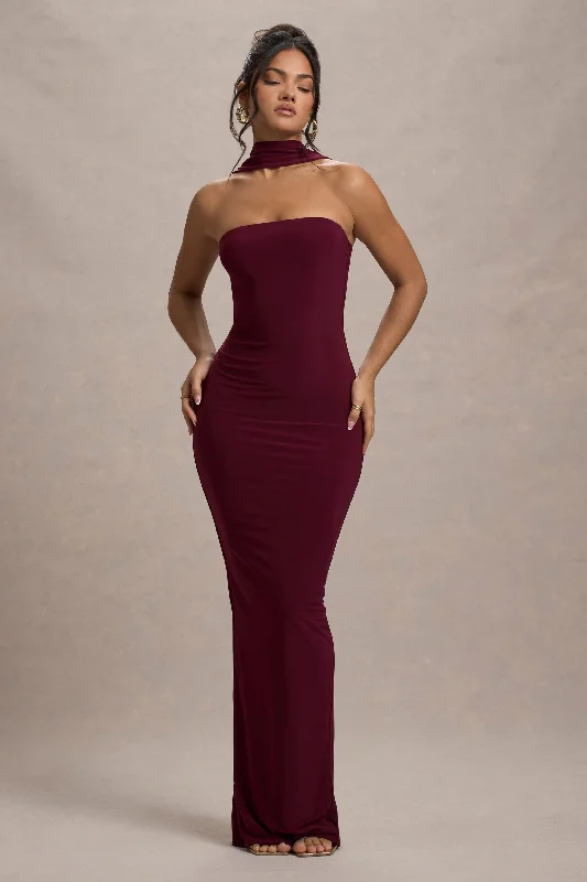 Rose gold dress-Nobu | Burgundy Bandeau Maxi Dress With Halter-Collar