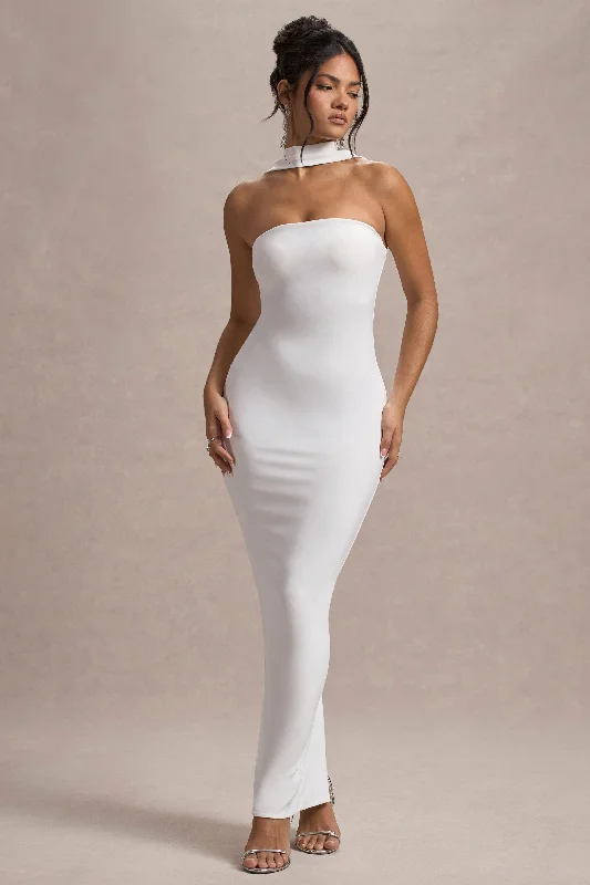 Trendy festival dress-Nobu | White Bandeau Maxi Dress With Halter-Collar