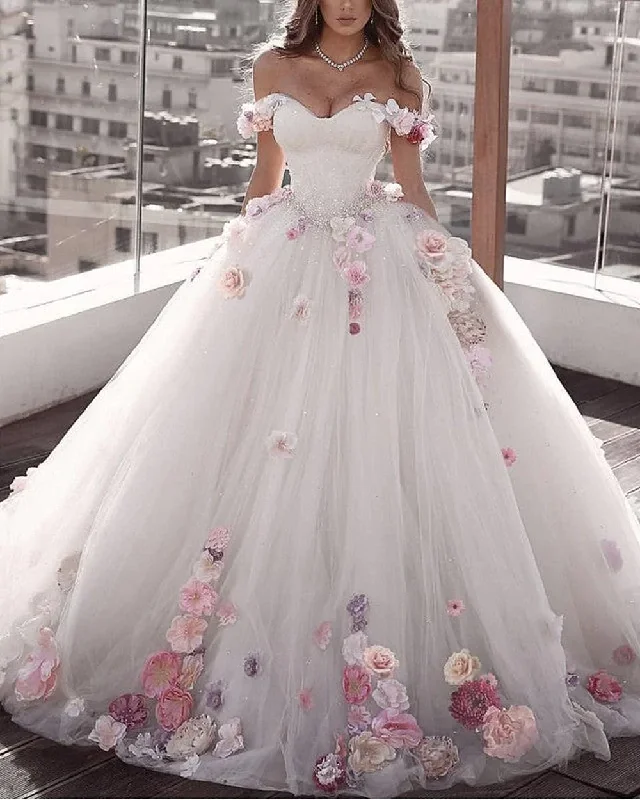 Formal gown dress-Off Shoulder Tulle Ball Gown Wedding Dresses Floral Flowers Beaded gh2191