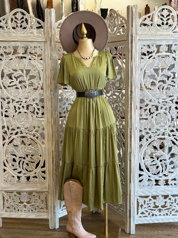 Textured knit dress-Olive Short Sleeve Maxi Dress- Stretchy