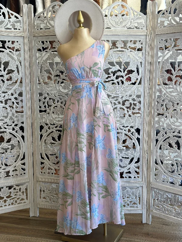 Tropical maxi dress-One Sleeve Maxi Faint Pink Floral Dress- Not Stretchy