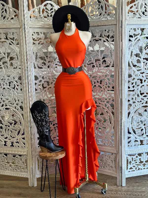 Ombre gradient dress-Orange High Slit Ruffle Maxi Dress- Stretchy, Estira