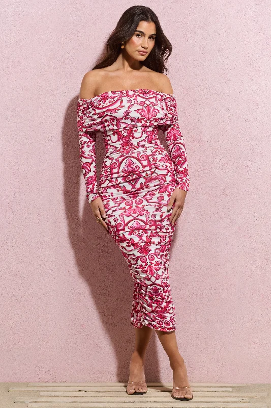 Playful ruffle dress-Over Love | Pink Porcelain Print Bardot Midi Dress