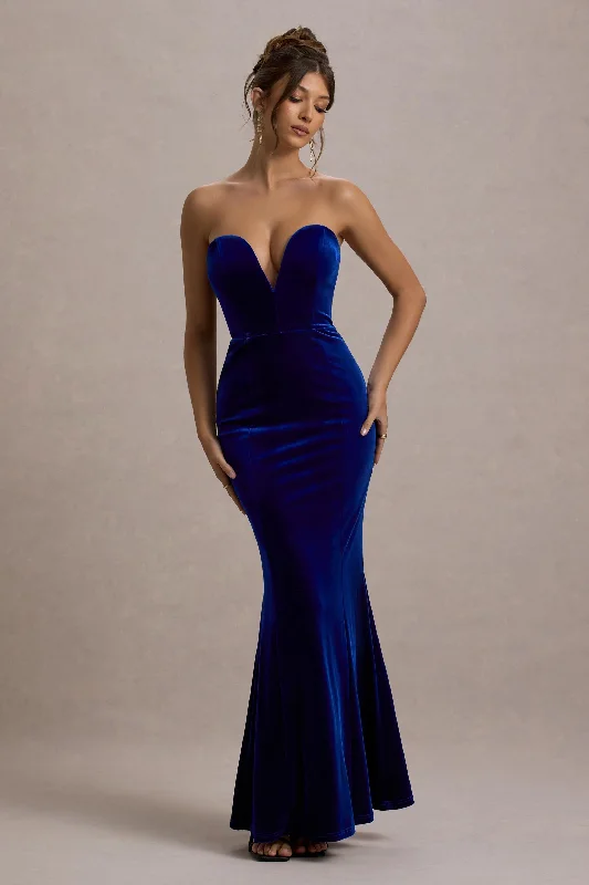 Stylish wrap dress-Pacifica | Cobalt Velvet Plunge-Neck Strapless Maxi Dress