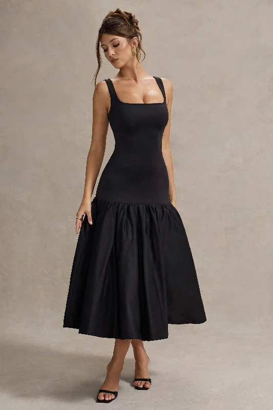 Festive holiday dress-Parida | Black Poplin Drop-Waist Maxi Dress With Peplum Hem