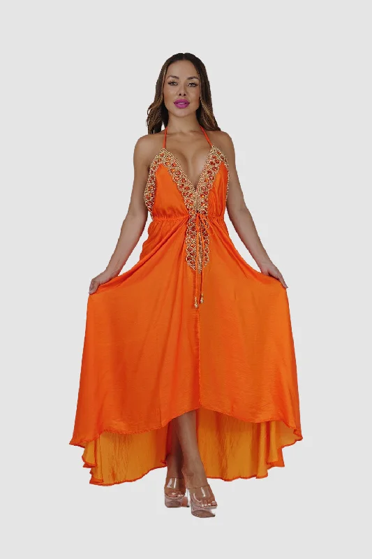 Gothic velvet dress-Orange W Gold Stones Dress