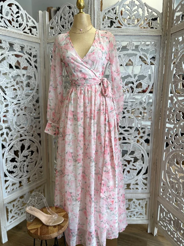 Ruffled bridesmaid dress-Pink Floral Wrapped Maxi Dress- Slightly Stretchy