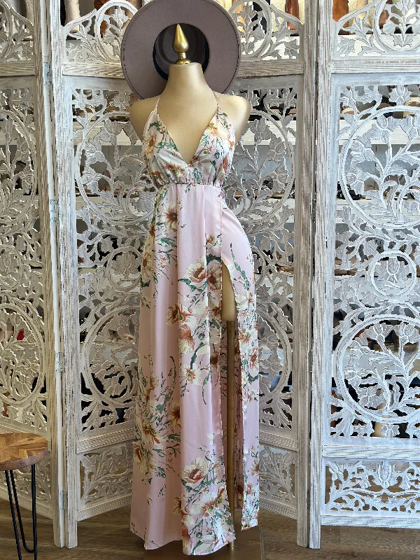 Formal gown dress-Pink Pattern Open Back Maxi Dress- Slightly Stretchy