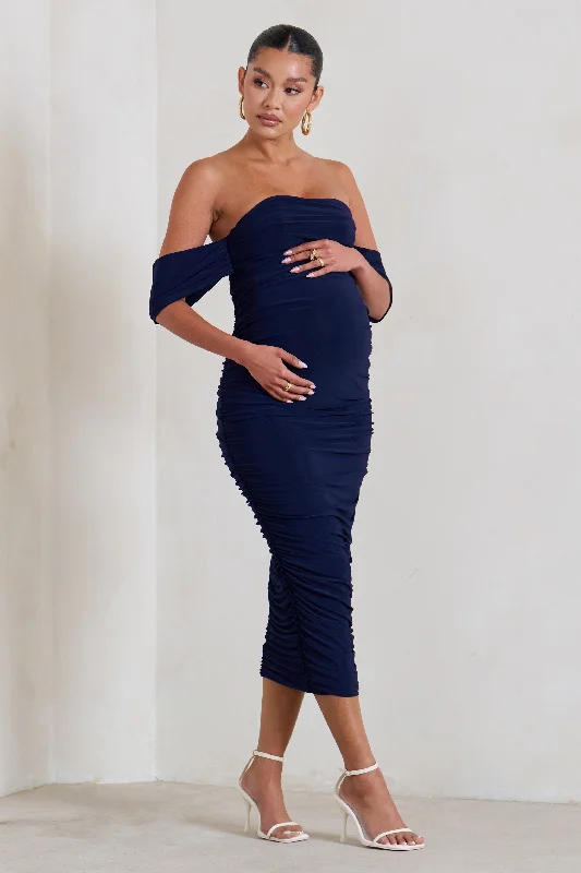 Minimalist sleek dress-Plus One | Navy Maternity Ruched Bardot Midi Dress