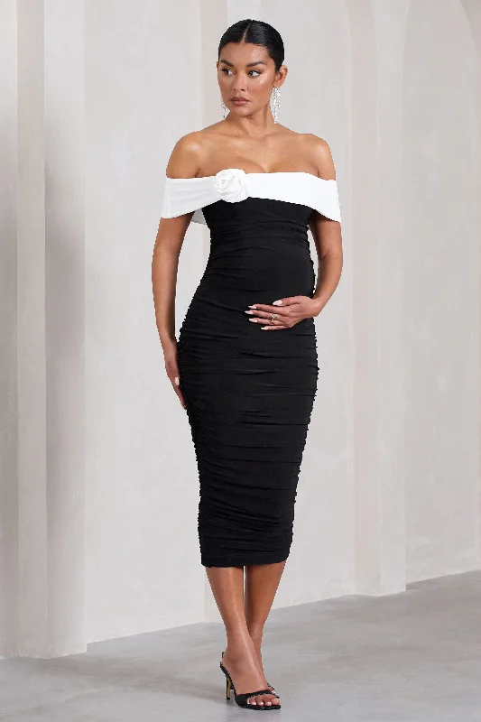 Bespoke evening dress-Prairie | Black & White Bardot Maternity Midi Dress With Flower