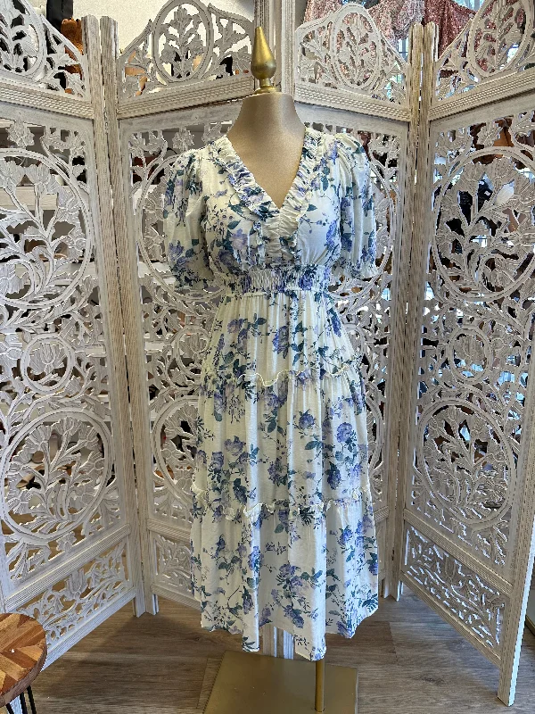 Smocked summer dress-Blue Puff Sleeve Ruffle Floral Maxi Dress