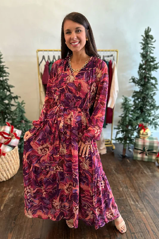 Loose tunic dress-Purple and Wine Printed LS Maxi Dress