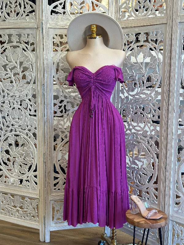 Trendy neon dress-Purple Smocked Linen Maxi Dress- Estira, Stretchy