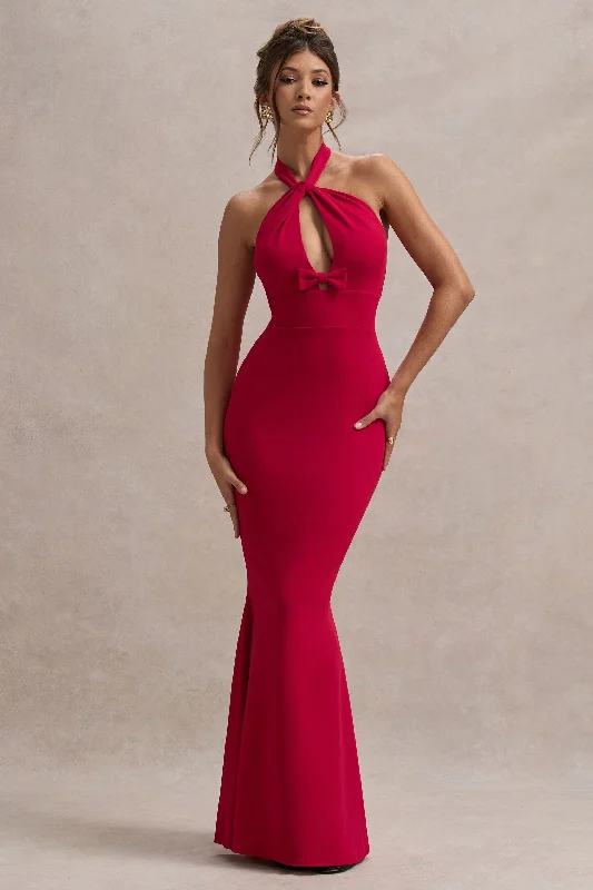 Shiny satin dress-Raelynn | Red Halter-Neck Cut-Out Maxi Dress With Bow