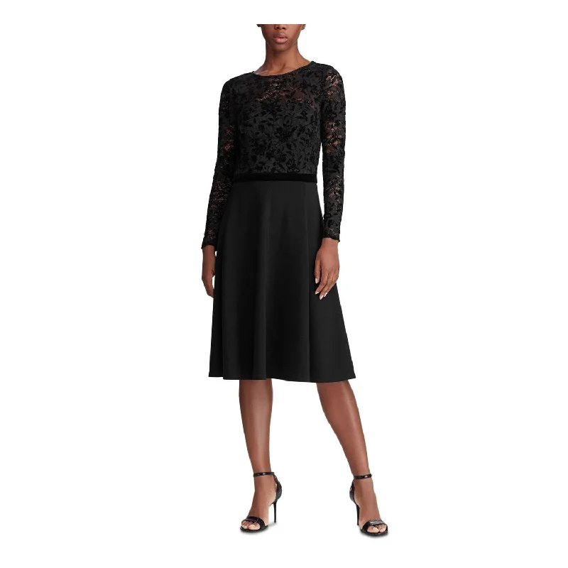 Off-shoulder beach dress-Ralph Lauren Women's Embroidered Lace Floral Long Sleeve Jewel Neck Below the Knee Wear to Work Fit Flare Dress Black Size 14