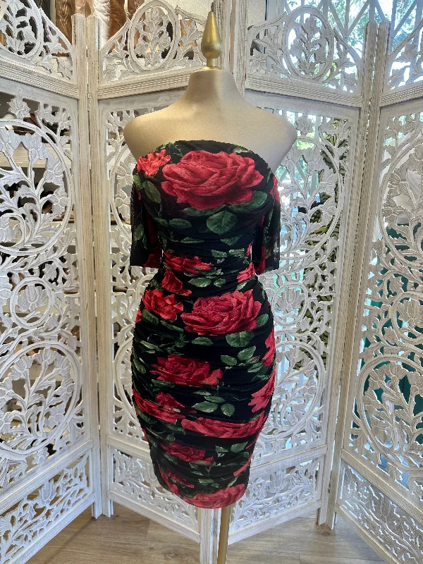 Gothic velvet dress-Red Floral Midi Dress