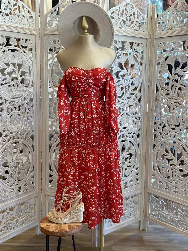 Layered festival dress-Red Maxi Floral Dress